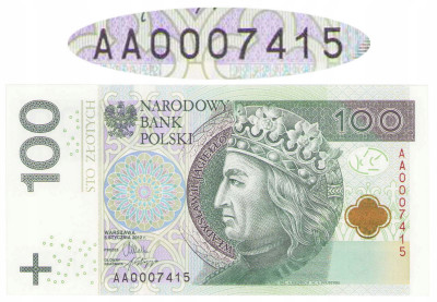 Banknot 100 złotych 1994 - rzadka seria AA - NISKI NUMER 0007415