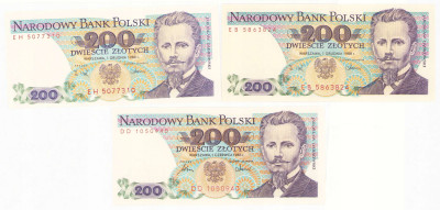 PRL. 200 złotych 1986-1988, różne serie – 3 szt