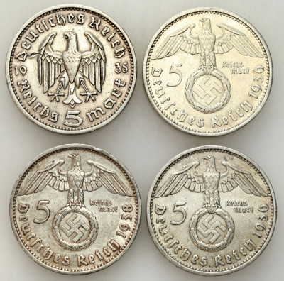 Niemcy, III Rzesza. 5 marek 1935-1938 Hindenburg, SREBRO – 4 szt