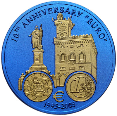 Liberia. 5 dolarów 2005, 10. rocznica Euro – San Marino