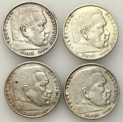 Niemcy, III Rzesza. 5 marek 1935-1938 Hindenburg, SREBRO – 4 szt