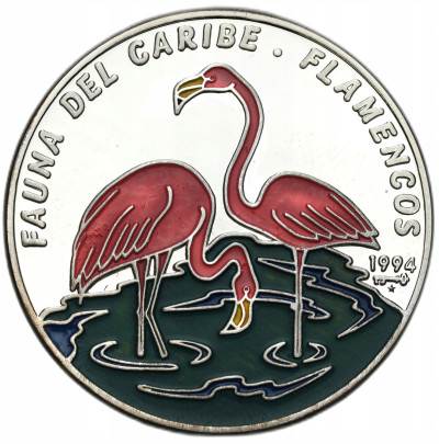 Kuba. 10 peso 1994, Fauna Karaibów Flamingi – SREBRO