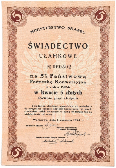Świadectwo Ułamkowe na 5% pożyczka 1924