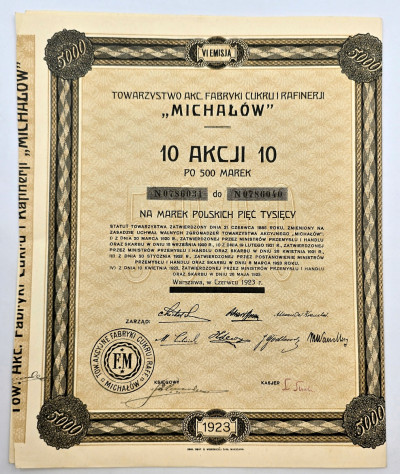 Tow. Fabryki Cukru i Rafinerji MICHAŁÓW akcja 5000 marek polskich 1923