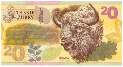 PWPW. Banknot testowy. 20 złotych 2019, Polskie Żubry – seria FC