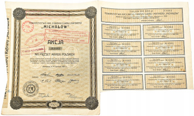 Tow. Fabryki Cukru i Rafinerii MICHAŁÓW akcja 5000 marek polskich 1923