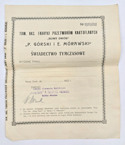 Tow. Akc. Fabryki przetworów Kartoflanych Nowy Dwór - świadectwo tymczasowe