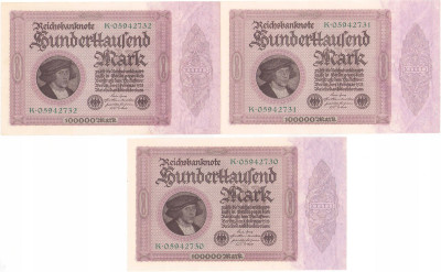 Niemcy. 100.000 marek 1923 seria K – 3 szt