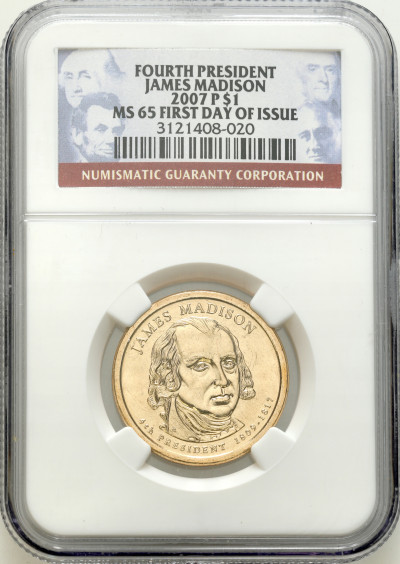 USA. 1 dolar 2007 James Madison, NGC MS65 – WSPANIAŁE