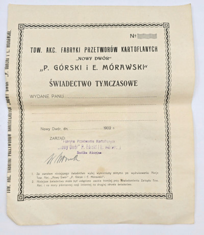 Tow. Akc. Fabryki przetworów Kartoflanych Nowy Dwór - świadectwo tymczasowe