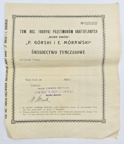 Tow. Akc. Fabryki przetworów Kartoflanych Nowy Dwór - świadectwo tymczasowe