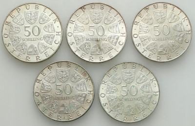 Austria. 50 szylingów 1972-1978, SREBRO – 5 szt