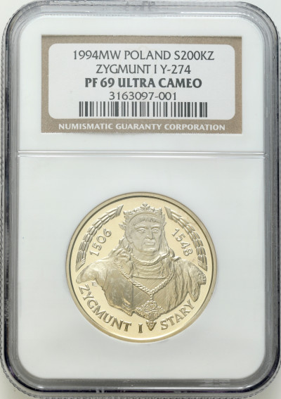 200.000 złotych 1994 Zygmunt I Stary popiersie NGC PF69 ULTRA CAMEO (2 MAX)