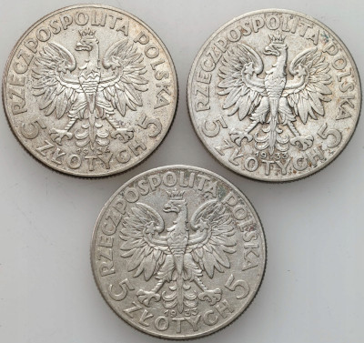 II RP. 5 złotych 1933-1934 Głowa Kobiety, SREBRO – 3 sztuki