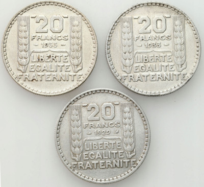Francja. 20 franków 1929 i 1933, SREBRO – 3 szt