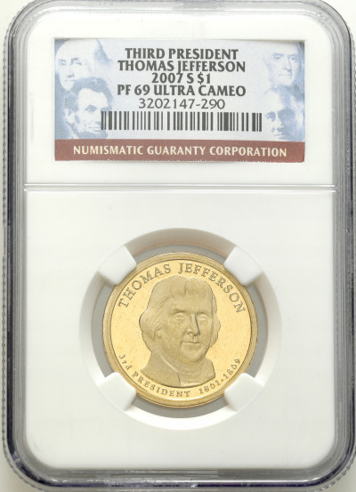 USA. 1 dolar 2007 Thomas Jefferson, NGC PF69 ULTRA CAMEO – WSPANIAŁE