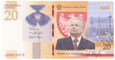 Banknot NBP. 20 złotych 2021 Lech Kaczyński - warto być Polakiem