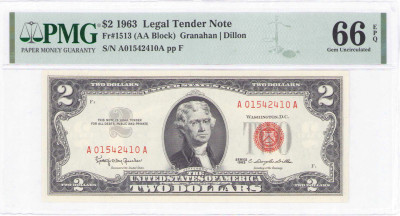 USA. Legal Tender Note. 2 dolary 1963, seria AA, PMG 66