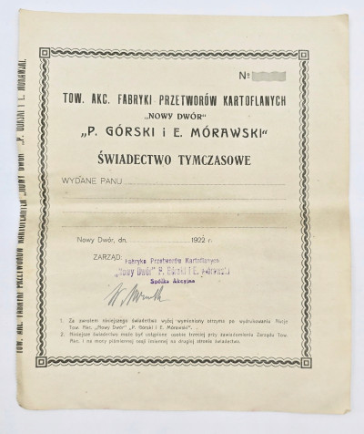 Tow. Akc. Fabryki przetworów Kartoflanych Nowy Dwór - świadectwo tymczasowe