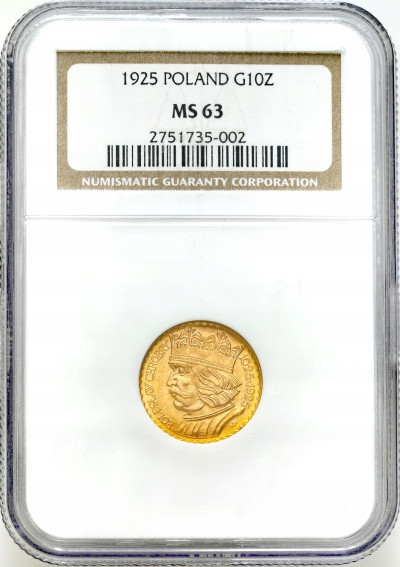 II RP. 10 złotych 1925 Bolesław Chrobry NGC MS63 / ZŁOTO