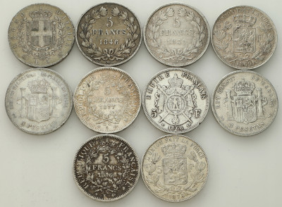 Lot monet - 5 franków + 5 lirów + 5 peset - zestaw 10 sztuk - SREBRO
