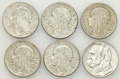 II RP. 5 złotych 1932-1936 Głowa Kobiety, Piłsudski, SREBRO – 6 szt