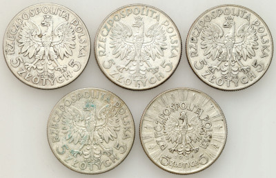 II RP. 5 złotych 1933-1936 Głowa Kobiety, Piłsudski, SREBRO – 5 szt