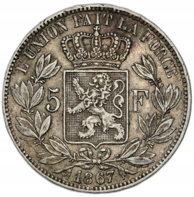 Belgia - 5 franków 1867 – SREBRO