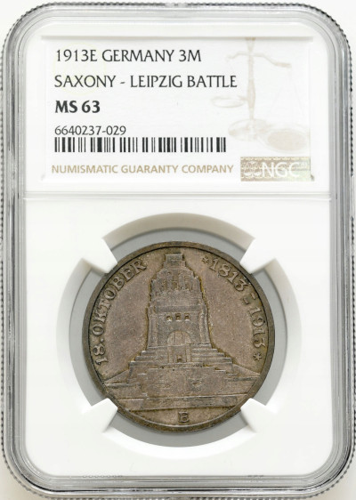 Niemcy, Saksonia. 3 marki 1913 E, Muldenhütten NGC MS63 - PIĘKNE