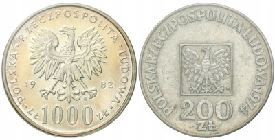 PRL. 200 i 1.000 złotych 1974 i 1982 Mapka, Jan Paweł II, SREBRO – 2 szt
