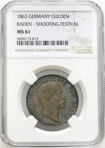 Niemcy, Badenia. Fryderyk I. 1 gulden 1863, Karlsruhe NGC MS61 – PIĘKNE