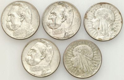 II RP. 5 złotych 1934 i 1936 Głowa Kobiety, Piłsudski, SREBRO – 5 szt