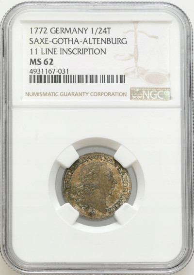 Niemcy. Fryderyk III. 1/24 talara (dwugrosz) 1772, Gotha NGC MS62 - PIĘKNE