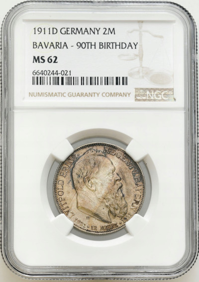 Niemcy, Bawaria. 2 marki 1911 D, Monachium NGC MS62 - PIĘKNE