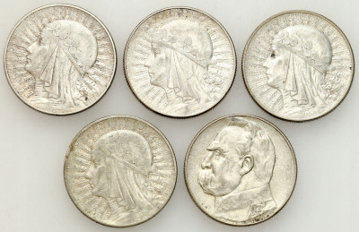 II RP. 5 złotych 1933-1936 Głowa Kobiety, Piłsudski, SREBRO – 5 szt