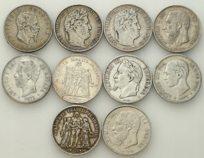 Lot monet - 5 franków + 5 lirów + 5 peset - zestaw 10 sztuk - SREBRO
