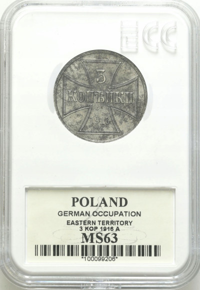Niemieckie Władze Okupacyjne. OST 3 kopiejki 1916 A, Berlin GCN