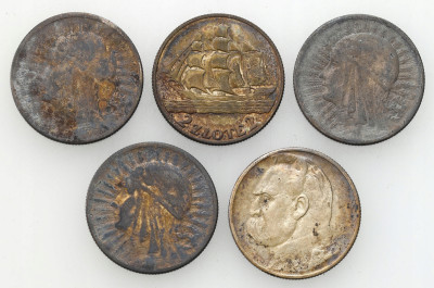 II RP 2 złotych Żaglowiec + Piłsudski + Głowa kobiety 5 szt. - SREBRO
