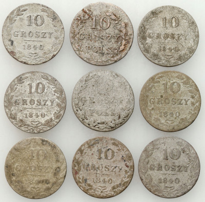 Polska XIX wiek/Rosja. 10 groszy, zestaw 9 monet