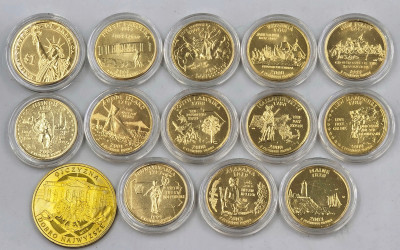 Polska, USA. 1/4 - 1 dolar i medal, zestaw 14 sztuk