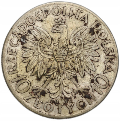 II RP. 10 złotych 1932 głowa kobiety (ze znakiem mennicy)