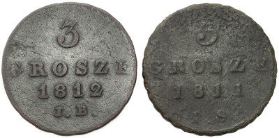 Księstwo Warszawskie. 3 grosze 1811 IB i 1812 IB, Warszawa