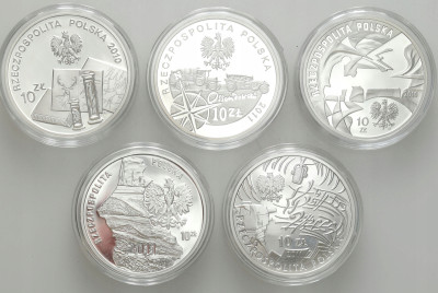 10 złotych zestaw 5 sztuk różne SREBRO