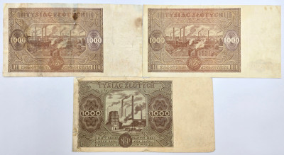 1.000 złotych 1946 i 1947, zestaw 3 sztuk