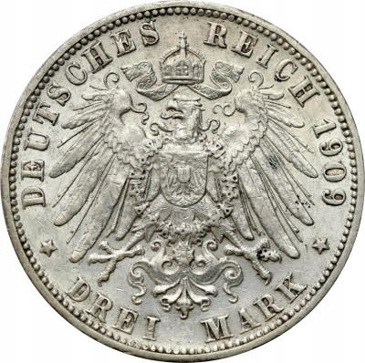 Niemcy, Wirtembergia. Wilhelm II. 3 marki 1909 F, Stuttgart