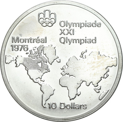 Kanada. 10 dolarów 1973 XXI Letnie I. O. Montreal 1976 Mapa świata – SREBRO