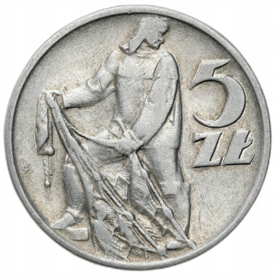 PRL. 5 złotych 1958 Rybak, wąska cyfra 8 – SKRĘTKA