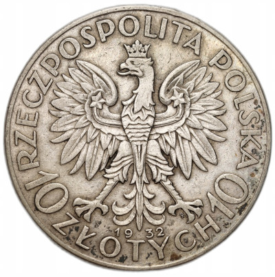 II RP. 10 złotych 1932 głowa kobiety (ze znakiem mennicy)