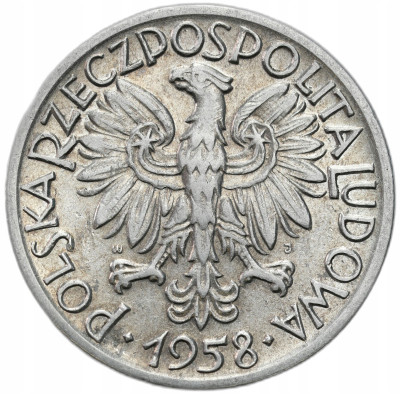 PRL. 5 złotych 1958 Rybak, wąska cyfra 8 – SKRĘTKA