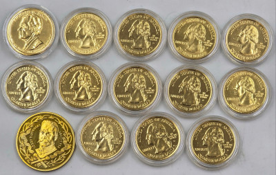 Polska, USA. 1/4 - 1 dolar i medal, zestaw 14 sztuk